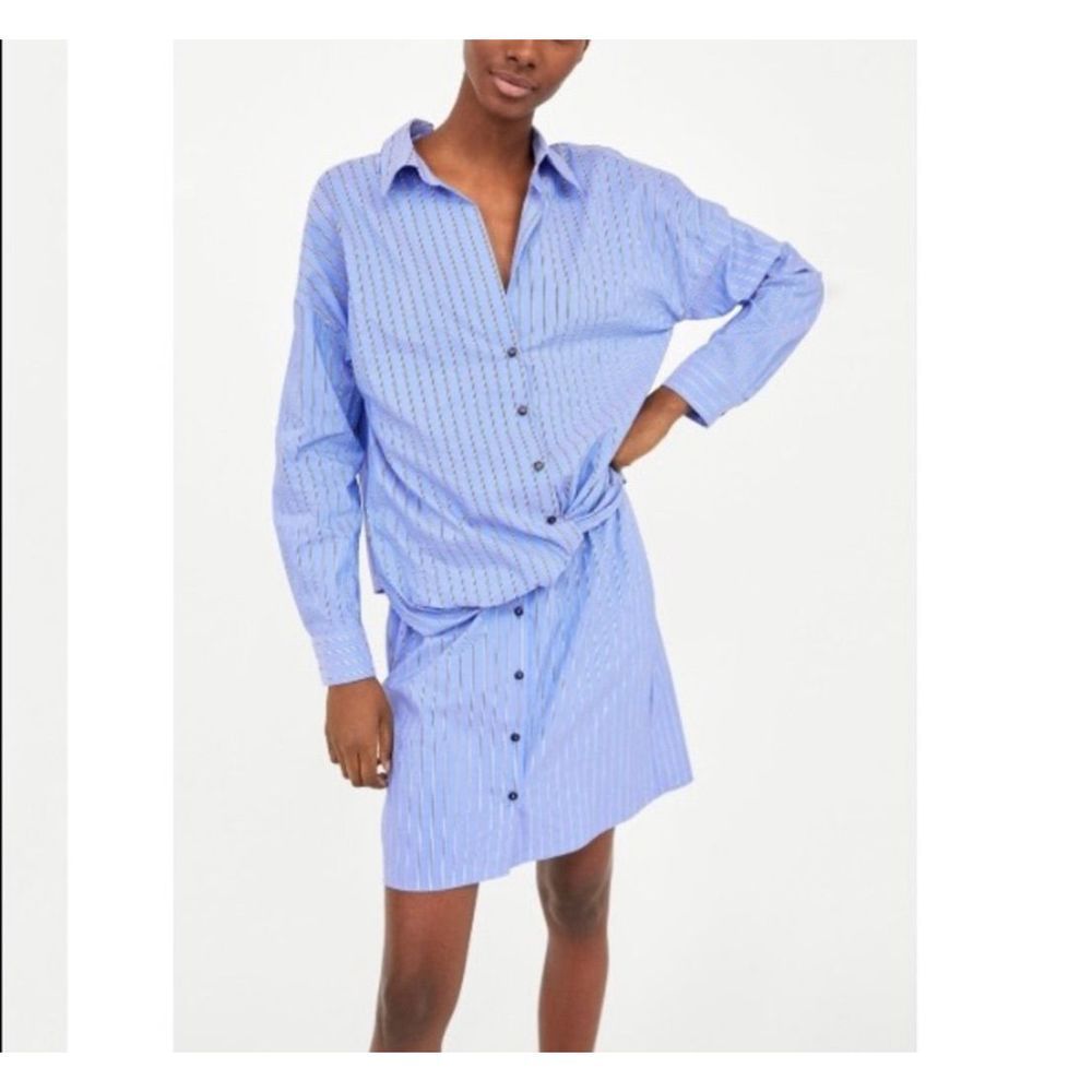 Zara long sleeve blue striped button down shirt dress size xs
